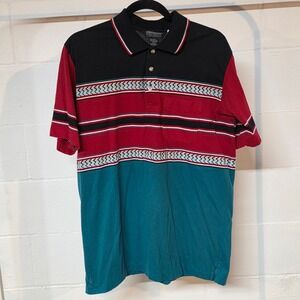 Knightsbridge Vintage 90s‎ Colorblock Geometric Polo Shirt Mens Large Black Red